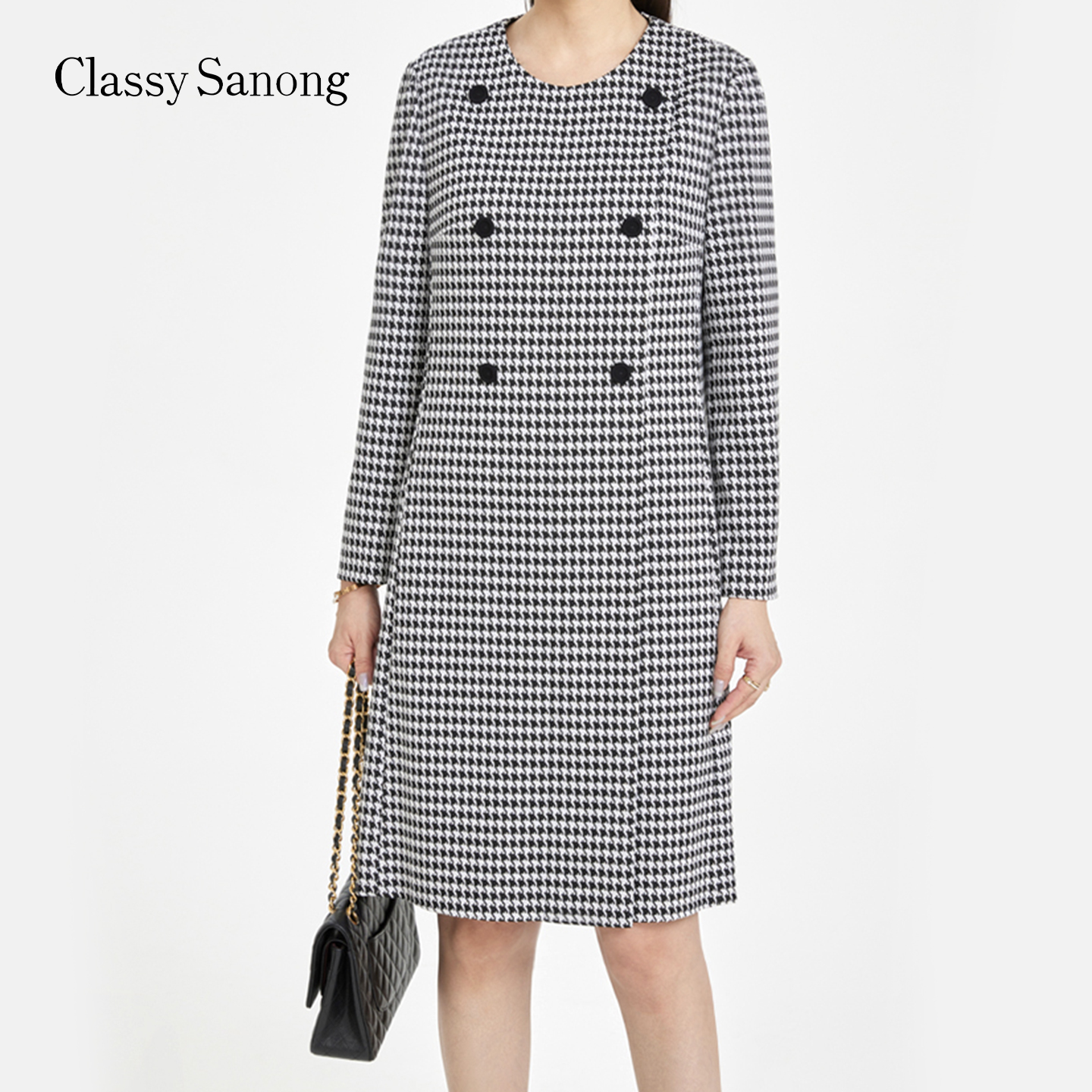 千鸟格时尚优雅圆领长袖连衣裙