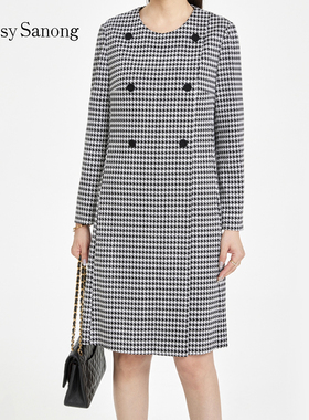 TENGS滕氏/萨侬女装秋冬优雅气质千鸟格时尚优雅圆领长袖连衣裙