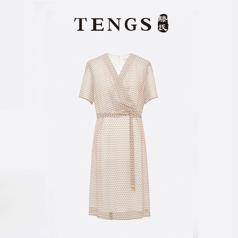 TENGS浪漫搭片V领薄纱印花连衣裙