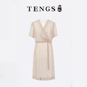 TENGS滕氏女装夏季新款轻透薄纱短袖V领通勤连衣裙