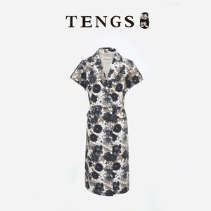 TENGS滕氏女装春夏新款复古印花纯棉连衣裙西服领舒适百搭休闲