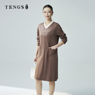 TENGS滕氏女装春夏新款时尚优雅V领拼接中长款长袖连衣裙套头休闲