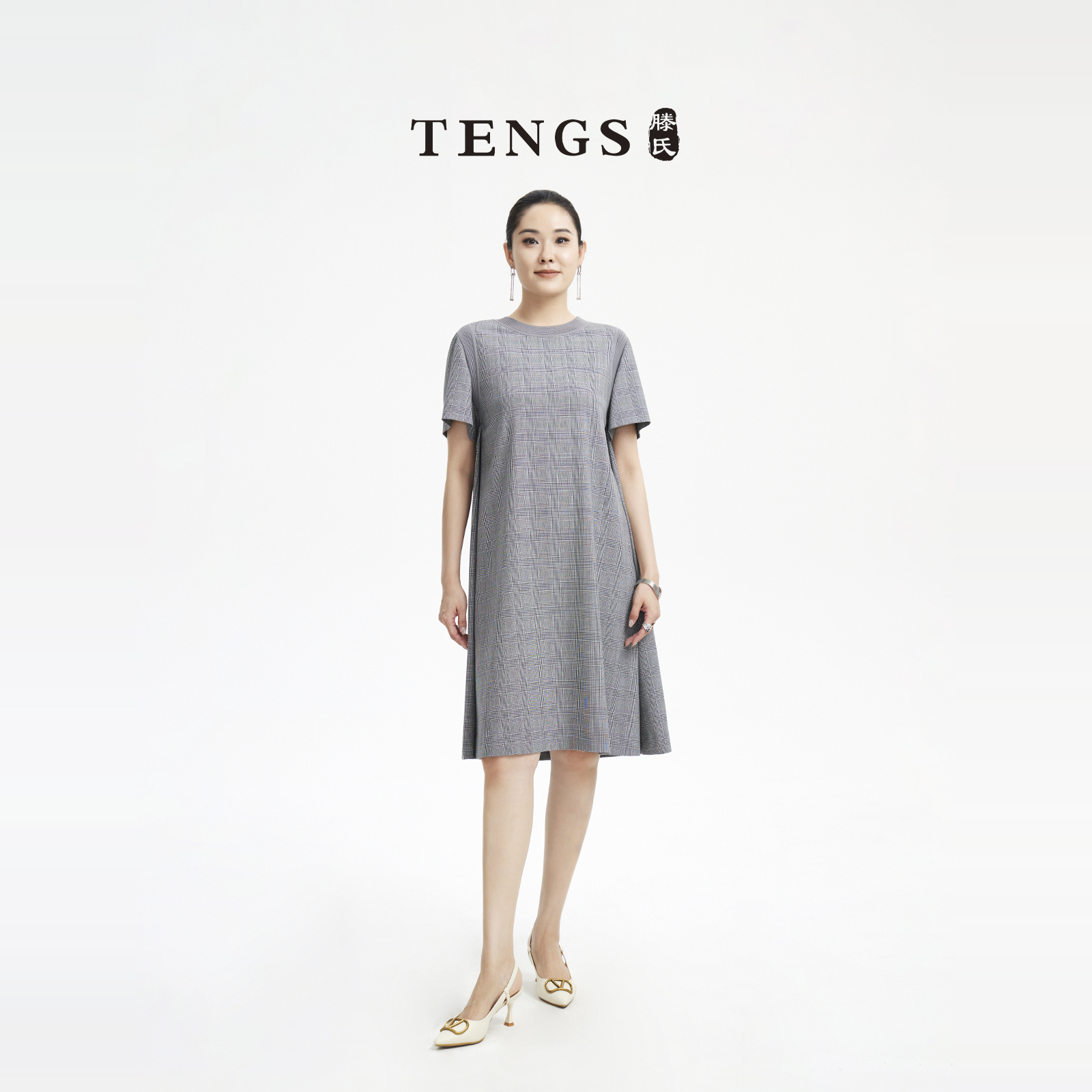 萨侬休闲舒适通勤格子连衣裙