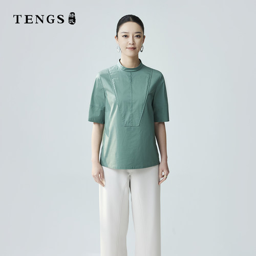 TENGS简约茧型立领棉质衬衫