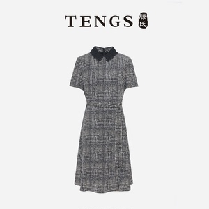 TENGS滕氏女装春夏新款桑蚕丝印花刺绣领优雅修身连衣裙场合通勤