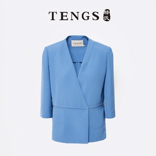 上衣立体剪裁简约修身 TENGS滕氏女装 天蓝气质通勤V领中袖 新款 夏季