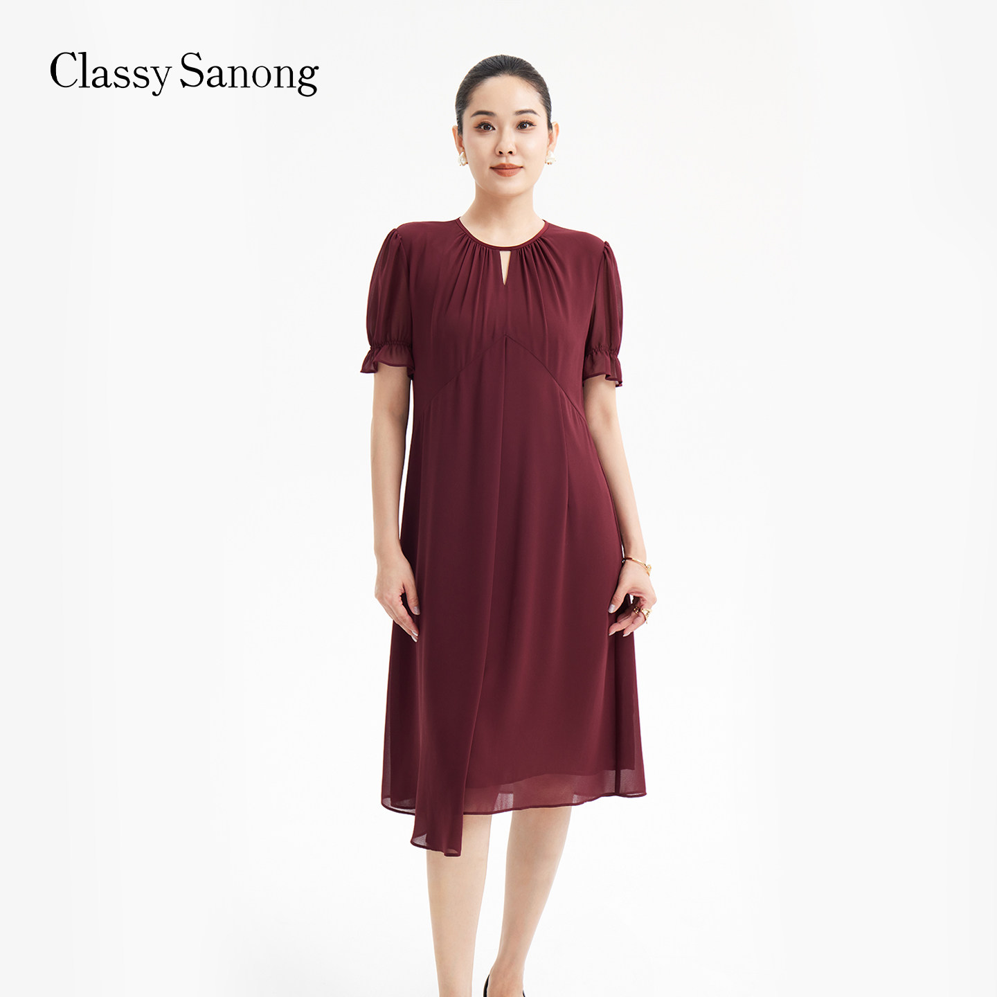 TENGS滕氏/萨侬夏季新款优雅气质时尚轻奢感短袖纯色连衣裙