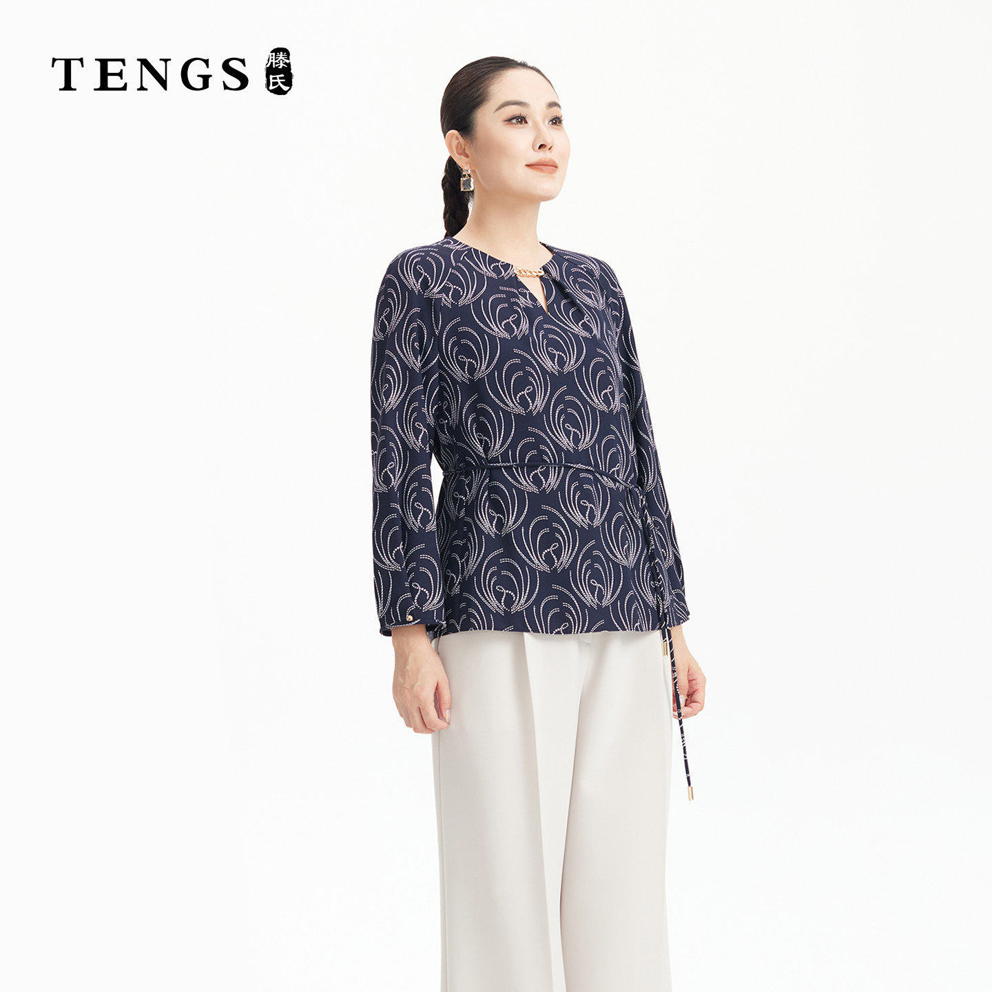 TENGS轻奢LOGO花型印花长袖衬衫