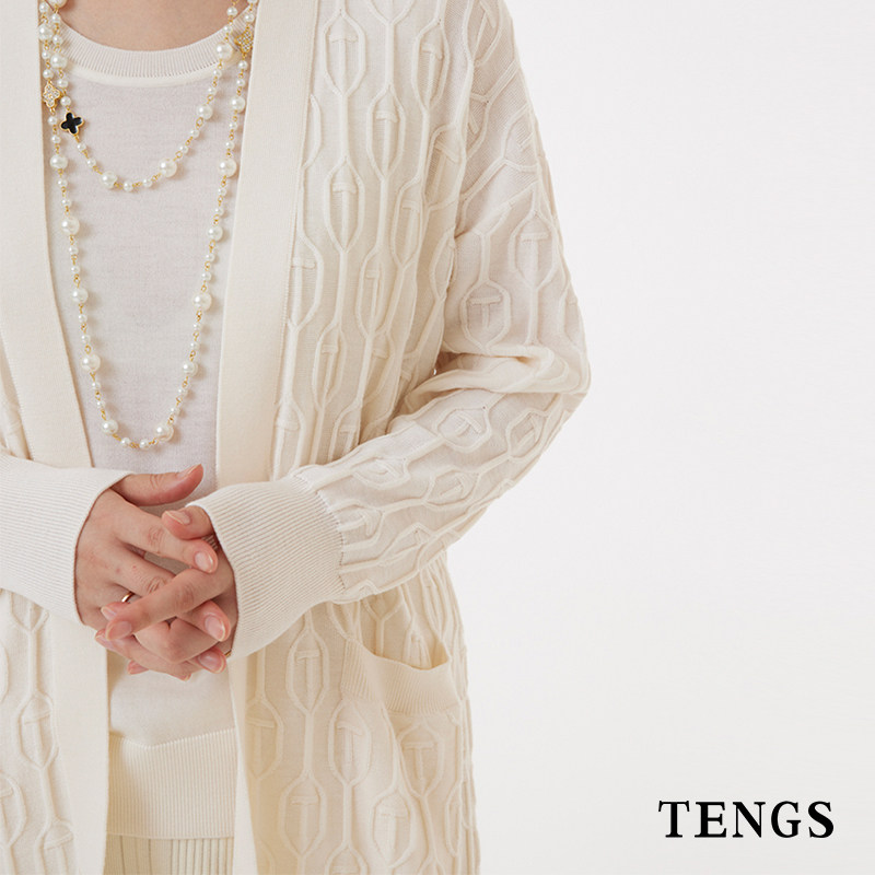 TENGS米白提花长款羊毛针织开衫