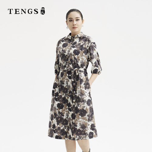 TENGS复古休闲印花衬衫连衣裙