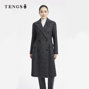 TENGS滕氏女装秋冬新款简约修身百搭舒适纯色绵羊毛长大衣
