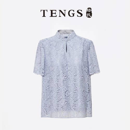 TENGS典雅蕾丝勾花元宝领短袖衫