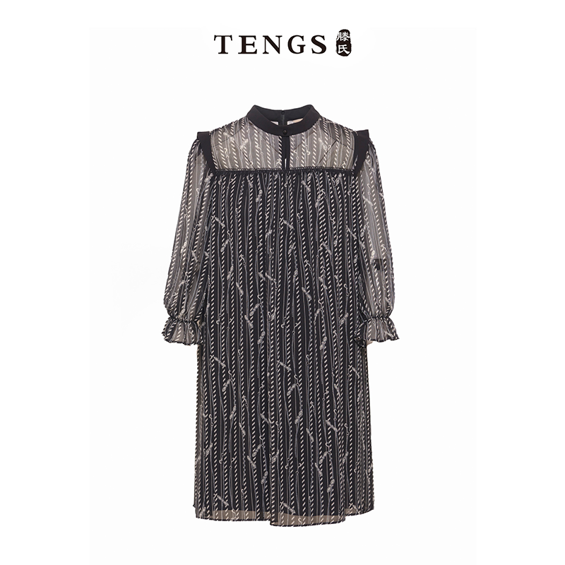 TENGS滕氏女装夏季新款轻透雪纺时尚链条印花图案花边纱袖连衣裙