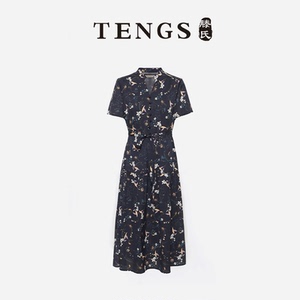 TENGS滕氏/女装夏季新款自然花卉印花系带收腰短袖连衣裙修身显瘦