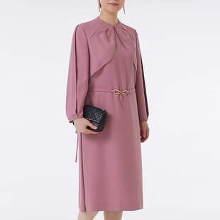 TENGS滕氏女装春秋款柔粉系叠拼立领连衣裙直身显瘦百搭