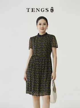 TENGS滕氏/萨侬春夏新款优雅百搭碎花短袖度假风连衣裙