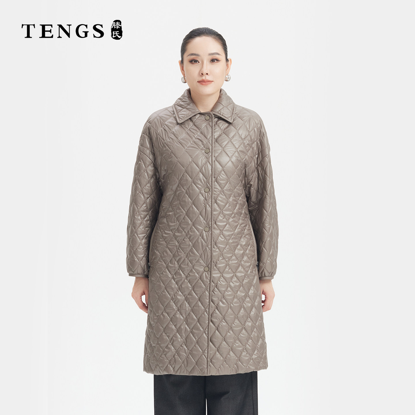 TENGS滕氏女装秋冬新款超轻驼绒棉服轻盈廓形菱格绗棉简约保暖