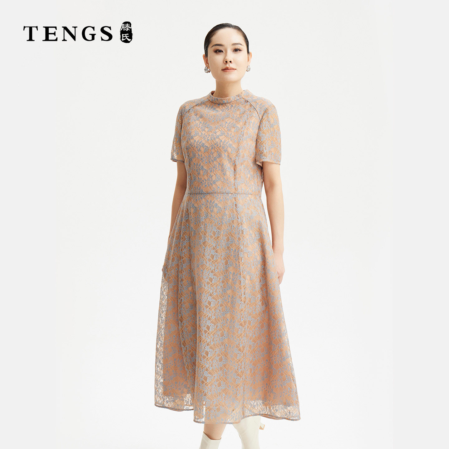 TENGS滕氏女装春夏新款假日橘粉蕾丝X廓形修身连衣裙优雅气质