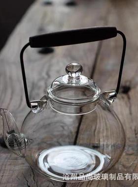 围炉煮茶日式黑胡桃木把提梁壶高硼硅耐热玻璃创意梨形沸水壶