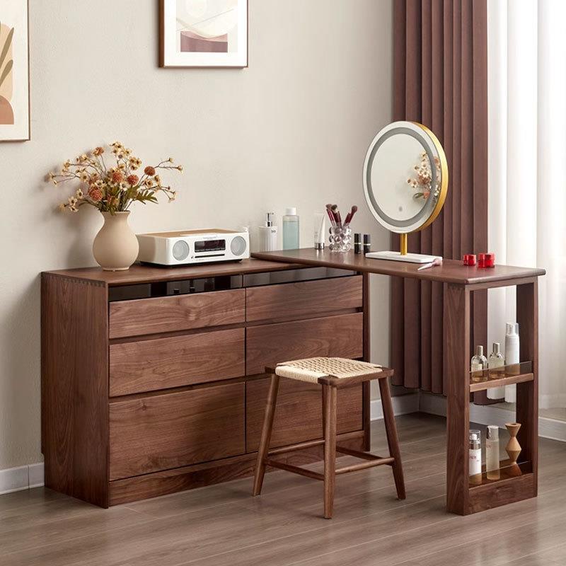 北美黑胡桃木梳妆台斗柜一体化妆桌卧室原木可伸缩实木转角写字台