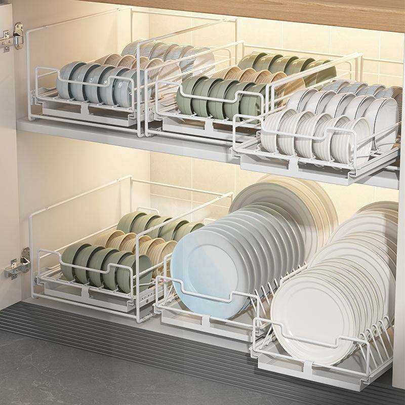 厨房碗架沥水台面免安装抽拉式碗碟收纳家用橱柜内抽屉碗盘