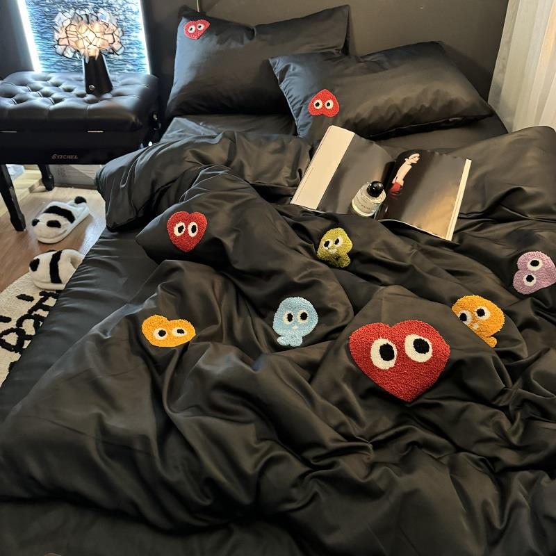 9WOR韩系水洗真丝绣花可爱凉感床上四件套双人纯色被套冰丝床单三