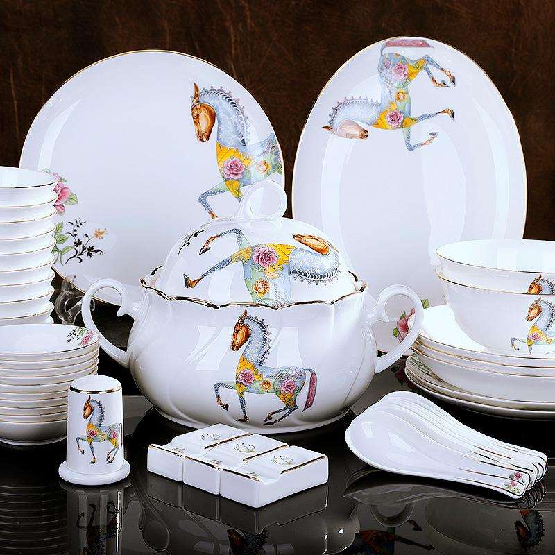 58头骨瓷餐具套装家用饭碗盘组合欧式碗碟套装五彩马餐具