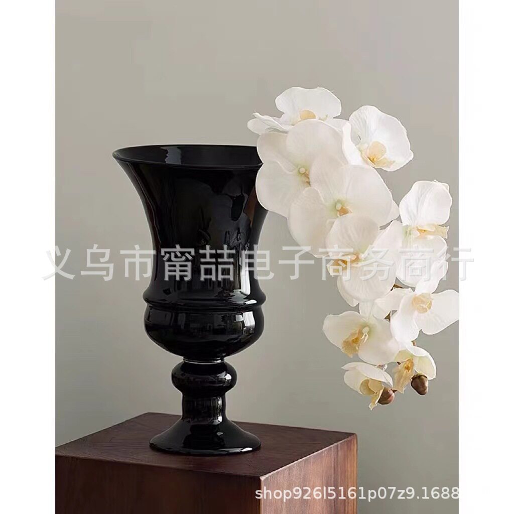 中古Vintage老货黑色高脚大口径玻璃插花瓶软装玄关桌面装饰摆件