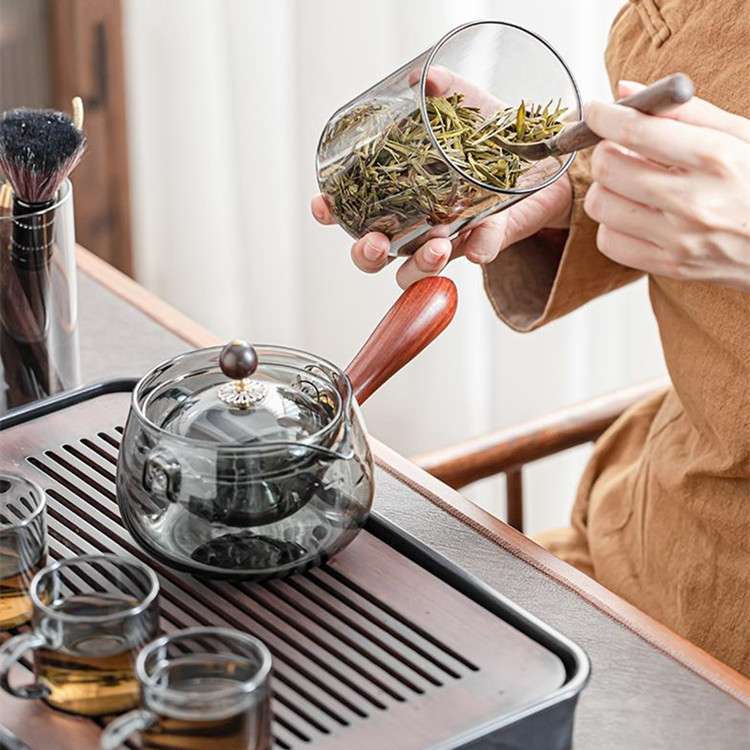 透明玻璃莲花侧木把逍遥壶带盖透黑玻璃旋转内胆泡茶壶烧水煮茶壶