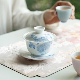 高档陶瓷三才盖碗茶杯家用高颜值纯手绘花莲荷韵茶碗泡茶防烫