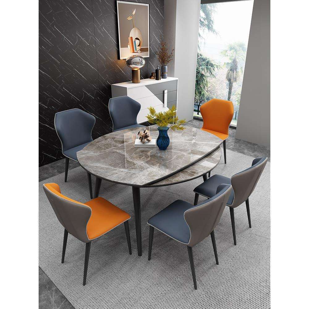 亮光伸缩岩板餐桌椅组合现代简约实木圆饭桌家用小户型折叠餐桌