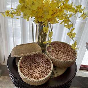 越南精编红花双层果篮竹编面包篮手工编织竹筐果盘竹编篮