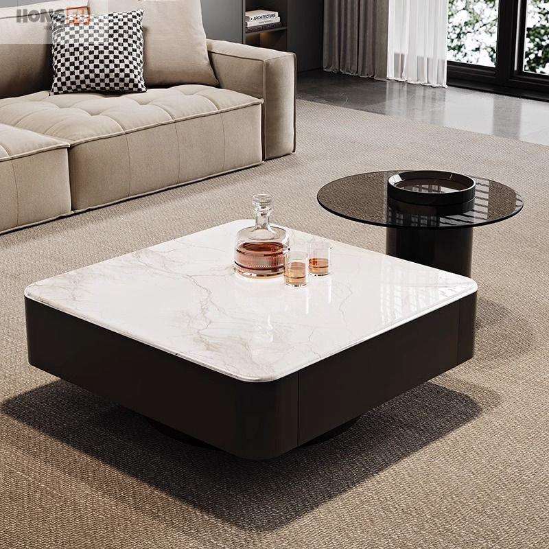 意式新款轻奢简约客厅家用小户型高级设计感微晶石正方形茶几组合