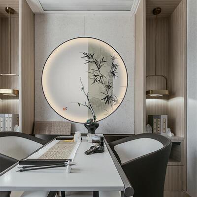 2FLED灯光画玄关装饰画带灯中式竹子挂画走廊过道轻奢进门圆形壁