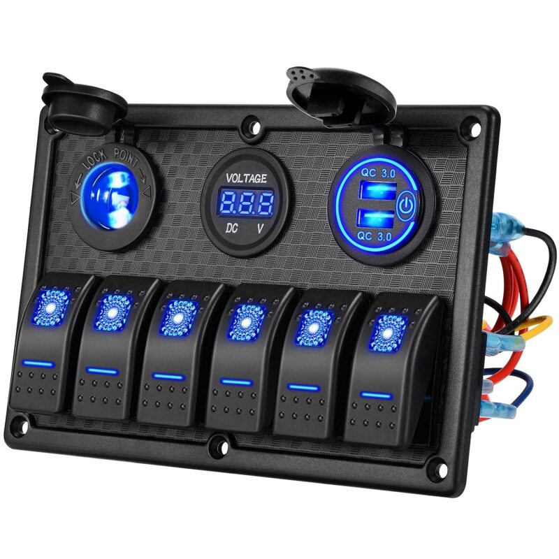 船用6位面板防水 + 双USB ,数字电压表 QC3.0  12V  LED 开关面板