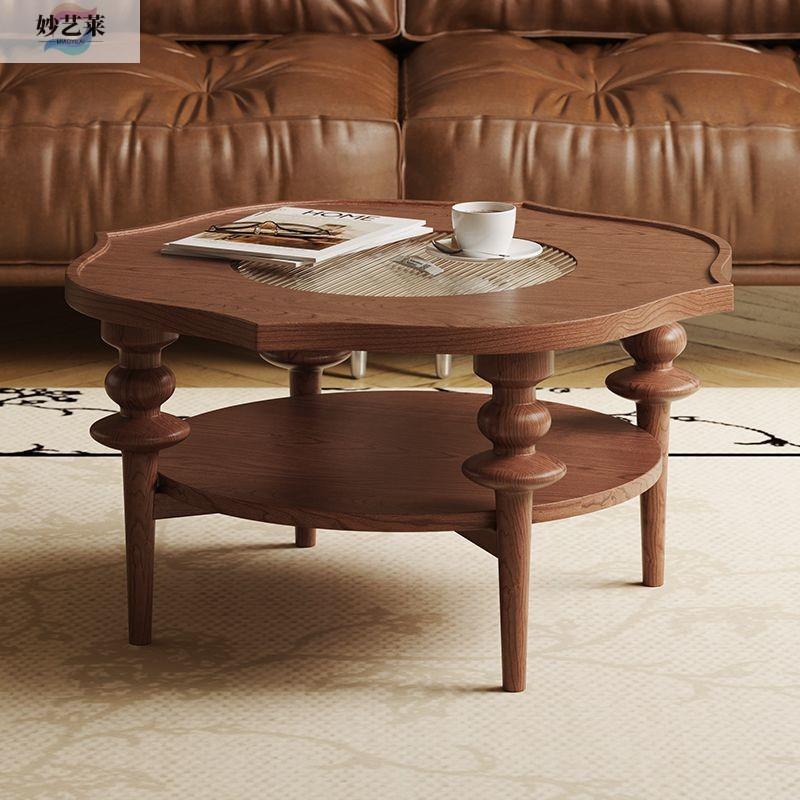 法式复古实木圆茶几美式中古茶桌客厅家用小户型小茶几小桌子边几