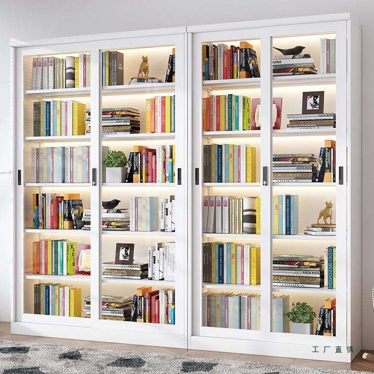 家用钢制书架推拉门防尘玻璃书柜密码锁展示柜落地收纳置物储物柜