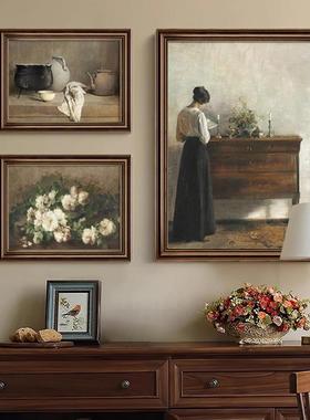 《读书女子与静物花卉》美式复古组合装饰画法式中古风古典挂画