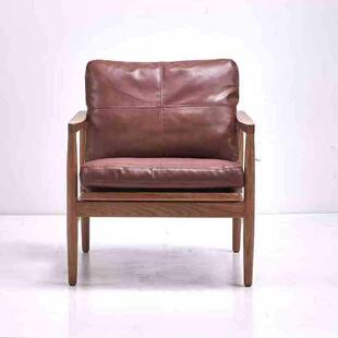 北欧客厅沙发卧室阳台汉克椅可睡可躺真皮白蜡木实木椅子全实木