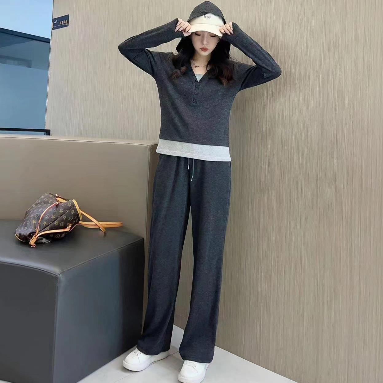 绵羊绒糯米套装女秋冬小个子慵懒风连帽拼接假两件百搭时尚运动服