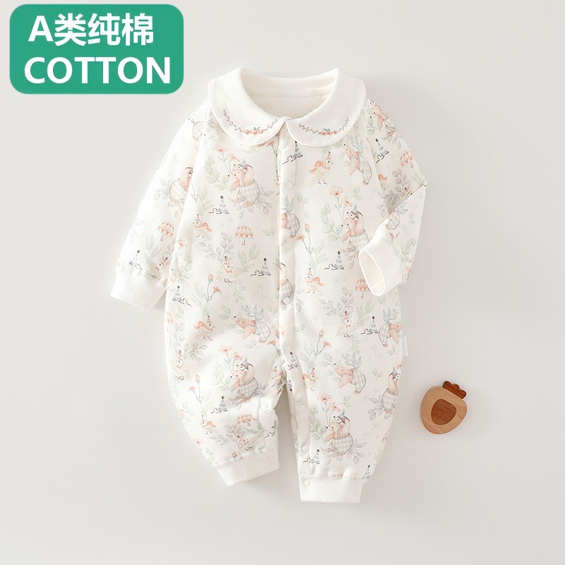 全棉夹棉连体衣无骨纯棉女宝宝爬爬服哈衣秋冬婴儿薄棉连体衣