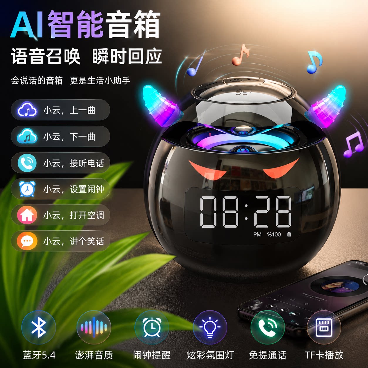 闹钟夜灯一体小恶魔智能蓝牙音箱时钟时间显示闹钟音响迷你低音炮