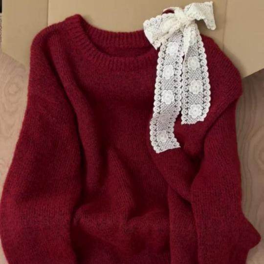 2025感蕾丝红色露肩毛衣女春冬新款超好看的宽松慵懒针织衫厂家,女装/女士精品,羊绒衫,淘宝优惠券,粉丝福利购,淘宝优惠卷