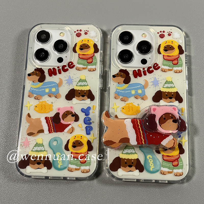 可爱卡通腊肠狗带支架适用苹果15promax手机壳iPhone14双层13pro硅胶11新款14pro女12pm小众15防摔全包保护套