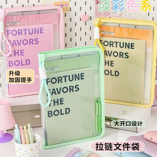 文件袋透明提手拉链试卷文件夹学生手提卡通带夹板硬壳作业收纳袋