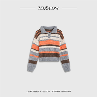 慕秀Mushow「菊香满庭」复古设计撞色条纹针织上衣