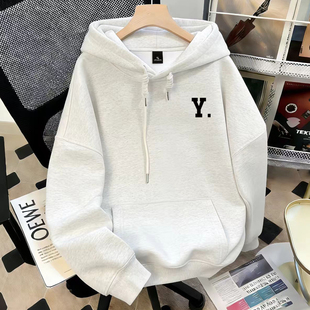 白灰色连帽卫衣男女字母Y印花秋冬加绒加厚宽松百搭美式情侣外套