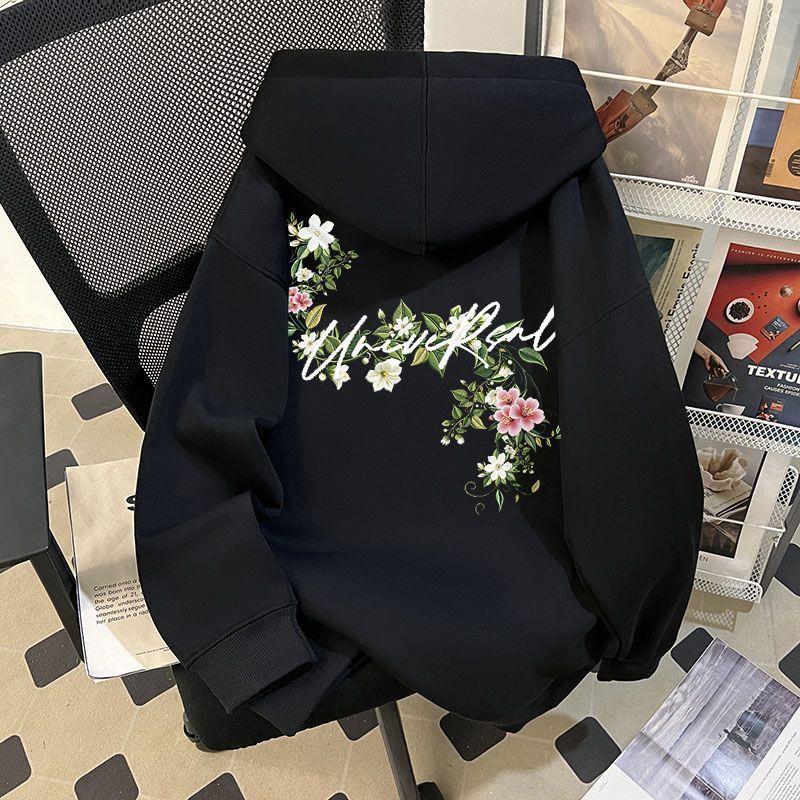 潮牌连帽卫衣男女秋冬加绒美式慵懒高级花藤环绕字母印花宽松上衣