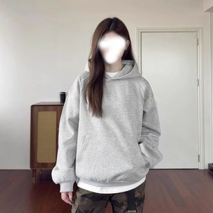cleanfit灰色短款卫衣女款连帽秋季美式重磅外套螺纹拼接情侣帽衫