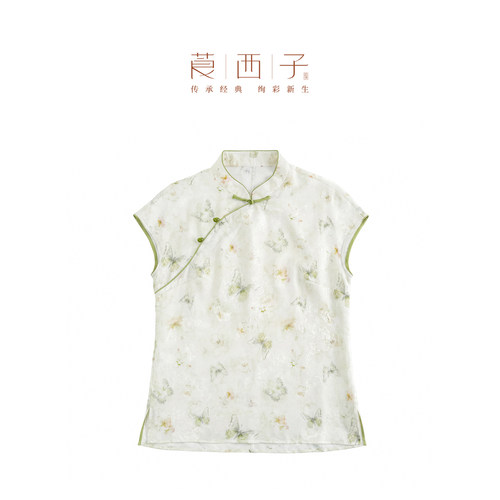 莨西子新中式国风女款绝美减龄撞色100桑蚕丝衬衫短袖侧开叉上衣